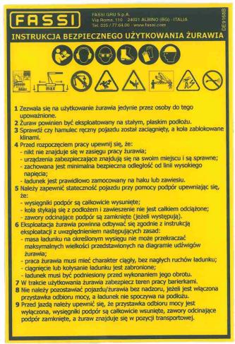 Sticker Safety instructions for using the Fassi crane
